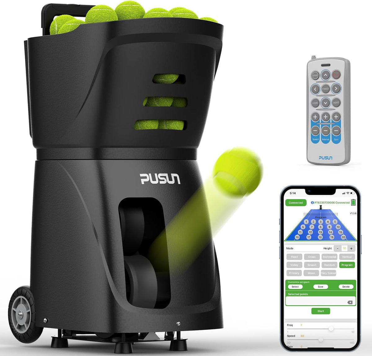 PT-SAMRT-Professional Tennis Ball Machine with App Control - 100+ Ball Capaci...