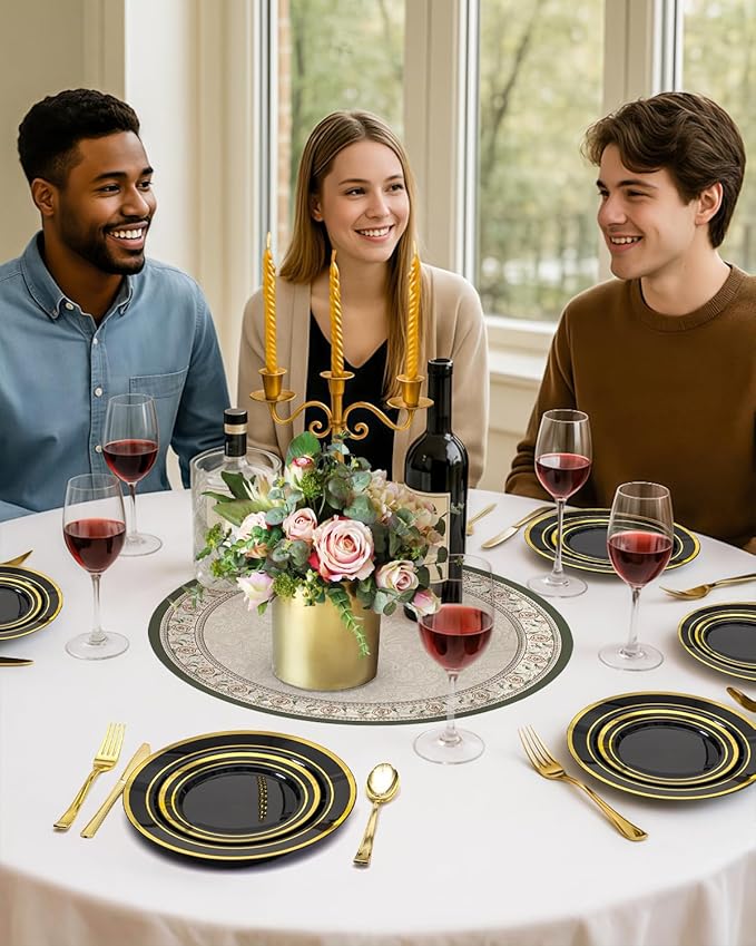 200PCS Black Plastic Plates Set with Gold Rim, 100 10.25 inch Dinner Plates a...