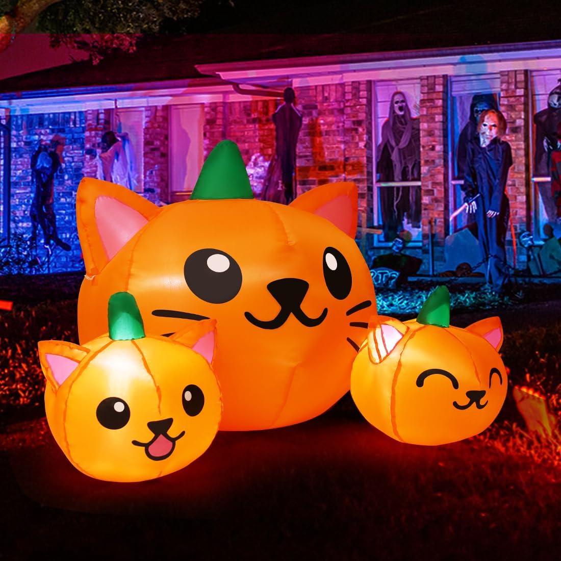 COMIN Halloween Inflatable 5FT Long Three Pumpkin Cat Head Combo with Built-i...