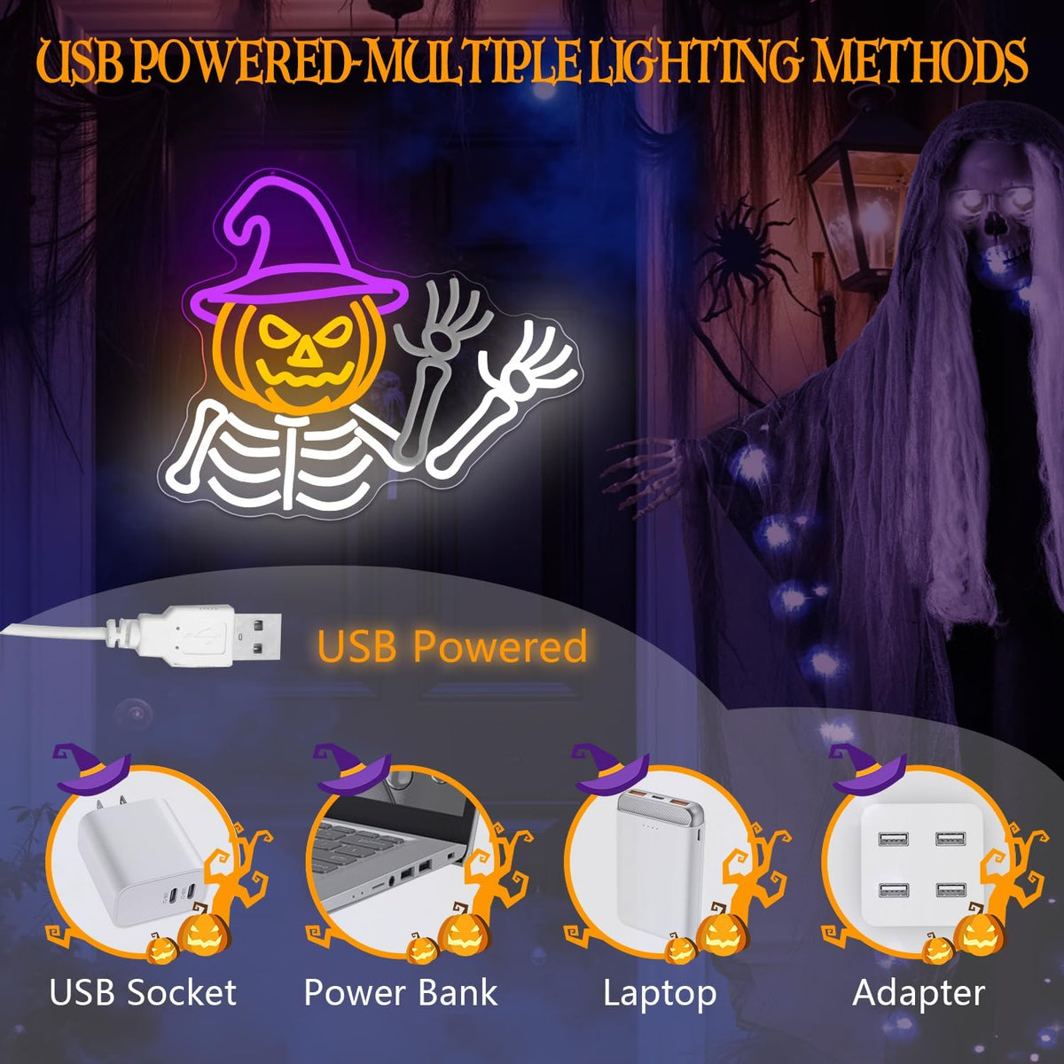 Waving Skeleton Neon Sign for Halloween Wall Decor USB Dimmable Led Light