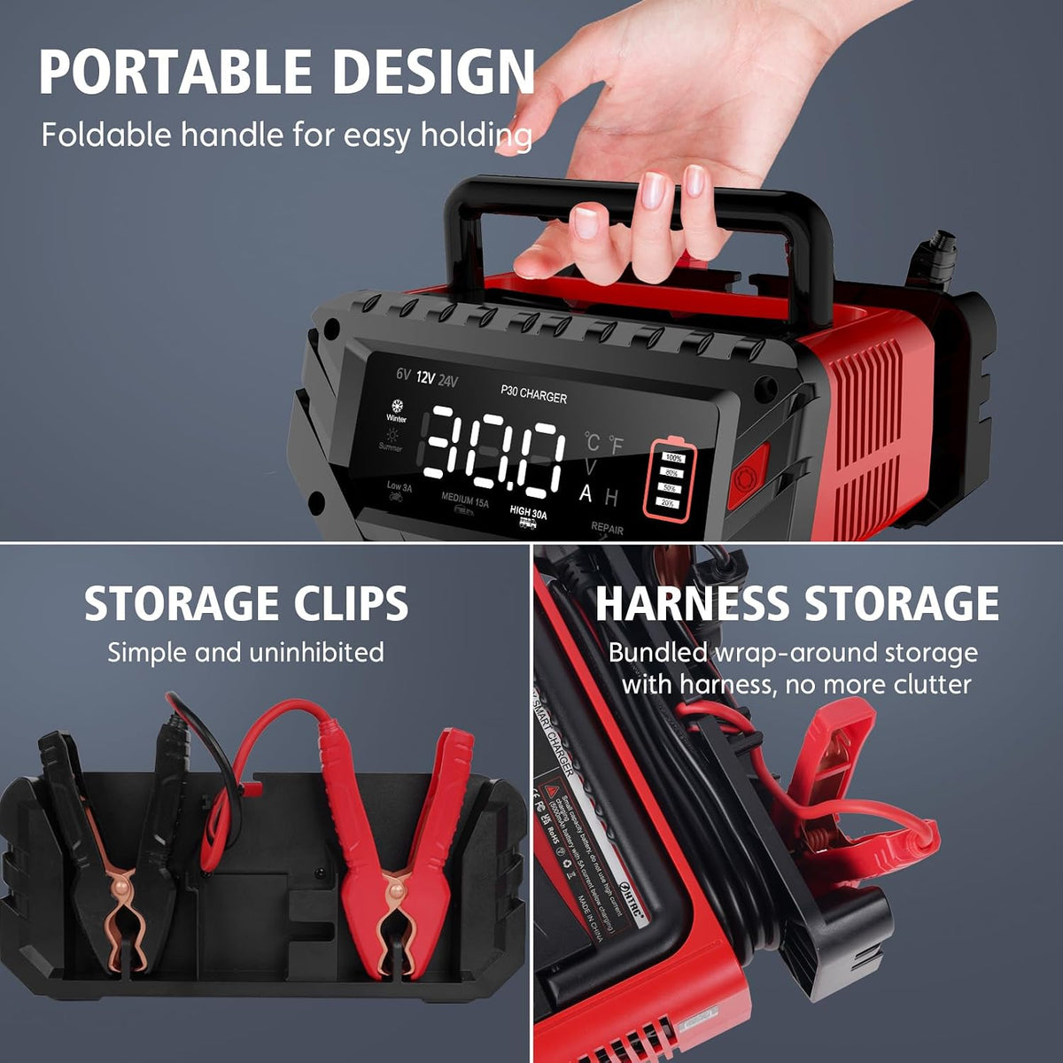 30 Amp 6V/12V/24V Smart Trickle Charger, Car Battery Charger, Lithium, Lifepo...