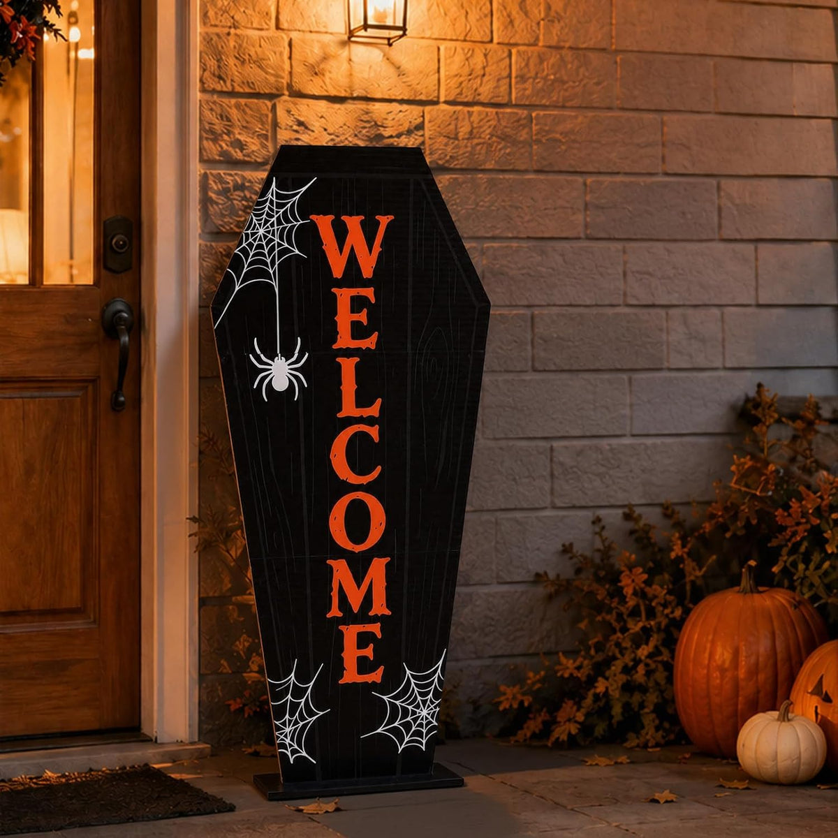 2.95FT Wooden Halloween Coffin Welcome Porch Sign for Front Door