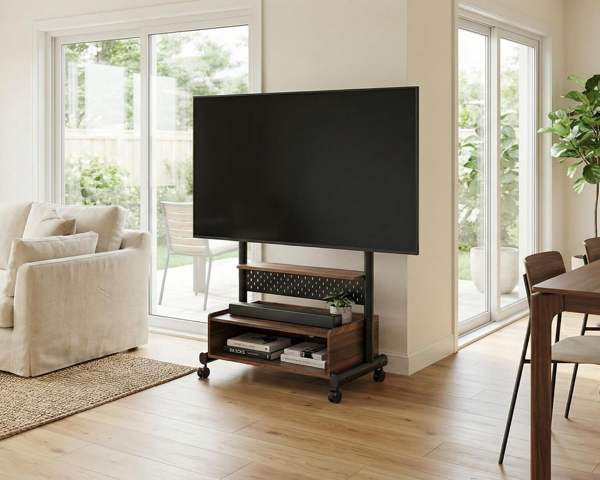 FITUEYES Rolling TV Floor Stand for 40-85in TVs, Height-Adjustable, Walnut