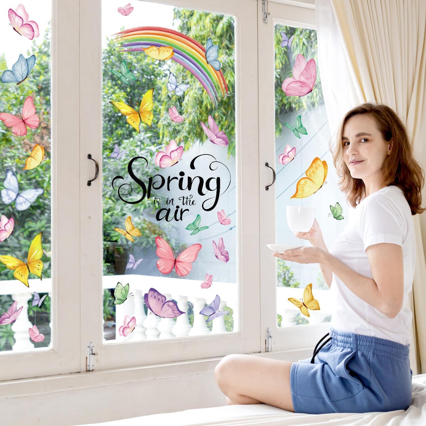 CCINEE 8 Sheets Spring Window Clings, Watercolor Butterfly Floral Decals Reusable Double-Sided Window Stickers for Home School Office Windows Glass Door Decor Party Supplies