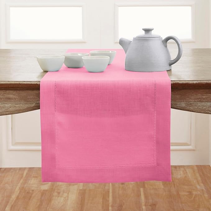 Solino Home Linen Flamingo Pink Hemstitch Table Runner 60 Inches - 100% Pure ...