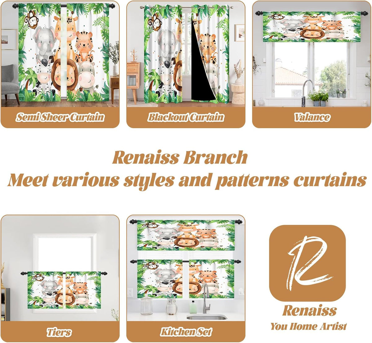 Renaiss 42 x 63 Inch Safari Animal Blackout Curtains for Kids Bedroom Tropical Rainforest Lions Tigers Elephants Giraffes African Jungle Plant Print Curtain Drapes for Baby Nursery Room Decor 2 Panels