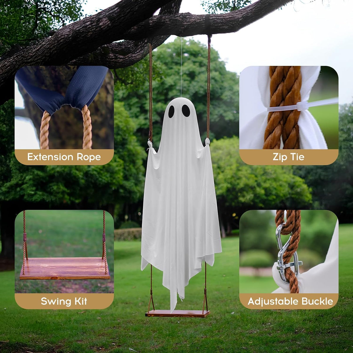 5FT Large Outdoor Halloween Decorations Swing Hanging Ghost for Porch, Yard