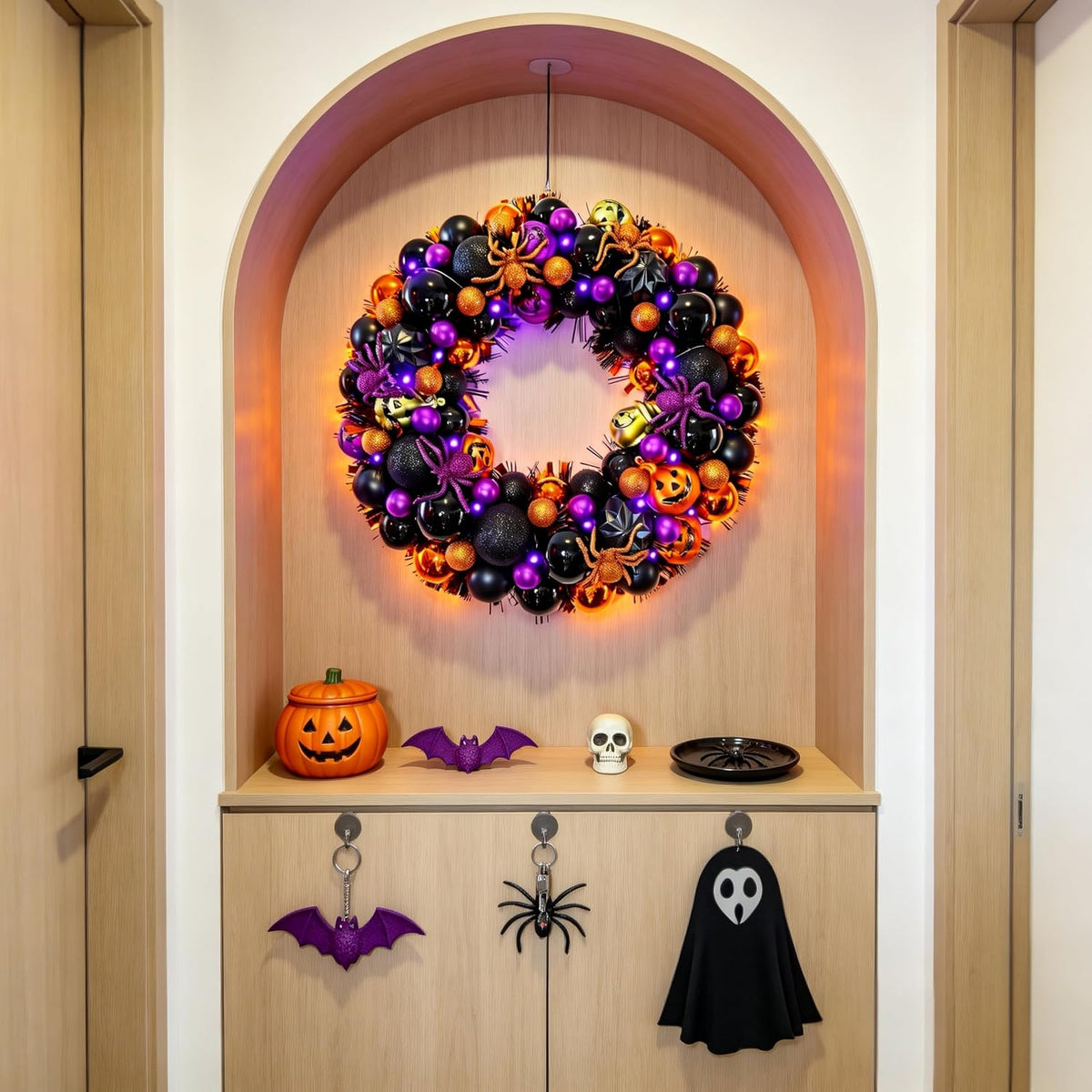 HipTree 17 Inch Halloween Ball Wreath for Front Door with Lights