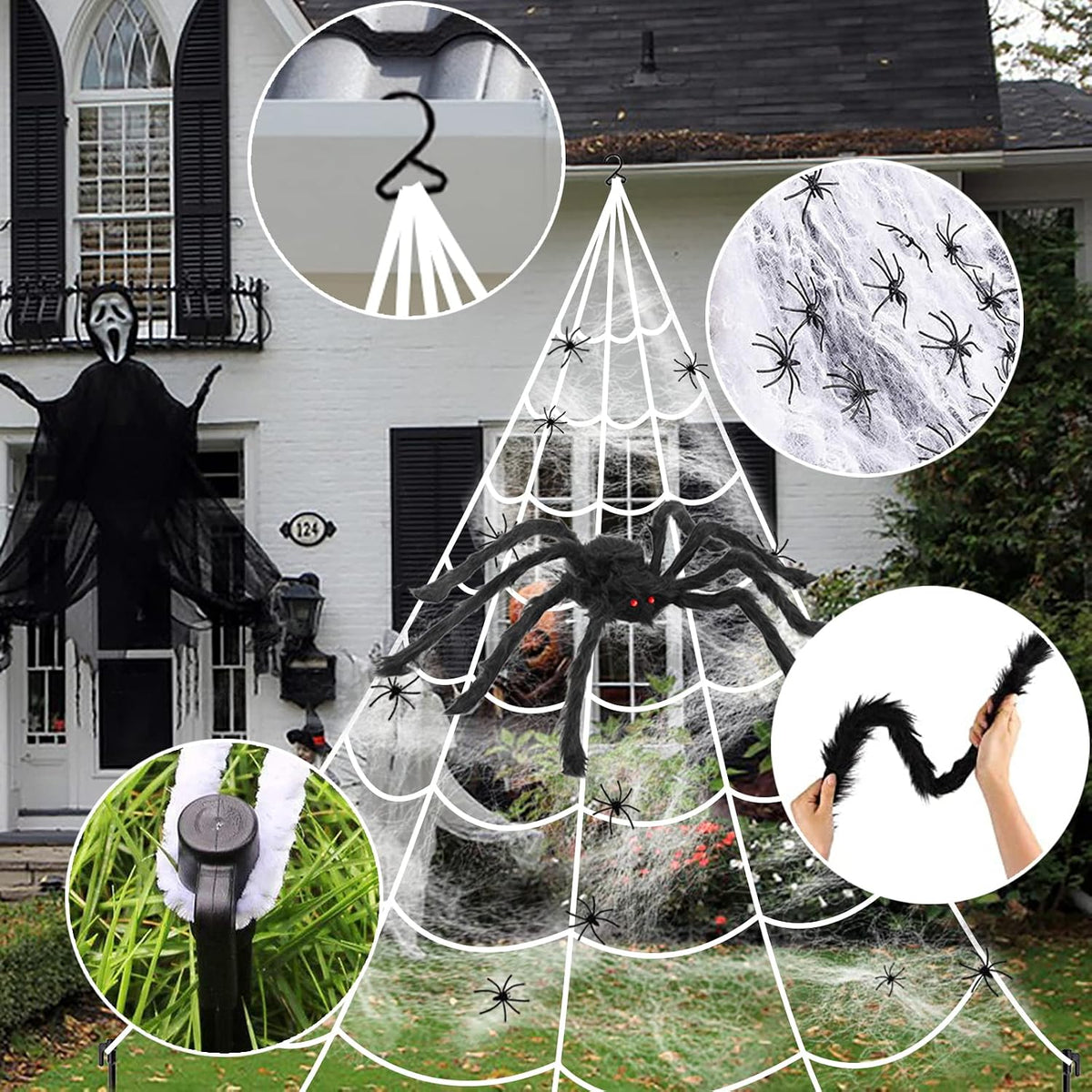 Spider Web Halloween Decorations Outdoor Lights, 125 Purple LED Light Up 16.4...
