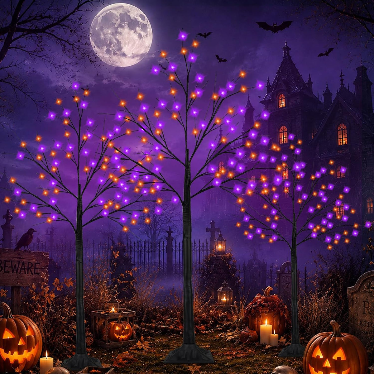 Black Halloween Tree with Purple and Orange Lights, 3Pack 4/5/6FT 300LED