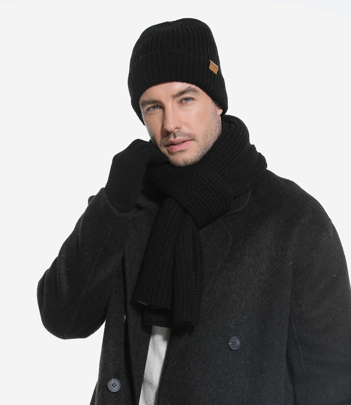 Mens Winter Beanie Hat Touchscreen Gloves Long Scarf 3 Set with Warm Fleece L...