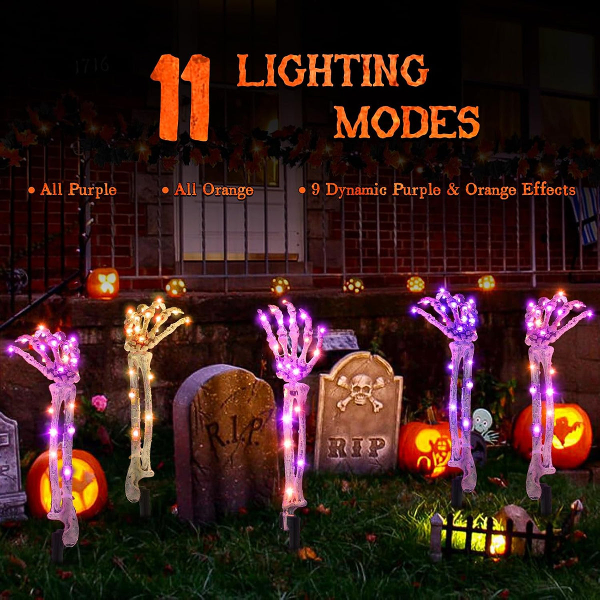 5-Pack Halloween Decorations Outdoor, Solar Lighted Skeleton Arm Stakes