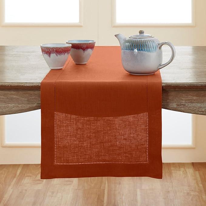 Solino Home Linen Cinnamon Hemstitch Table Runner 48 Inches - 100% Pure Linen...