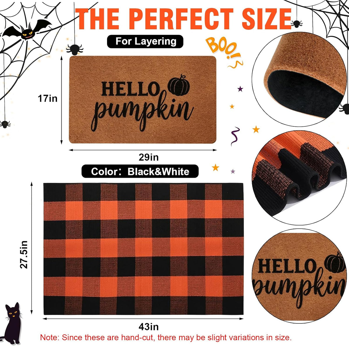 2 Pack Fall Halloween Door Mat Set, Pumpkin Coir & Plaid for Thanksgiving