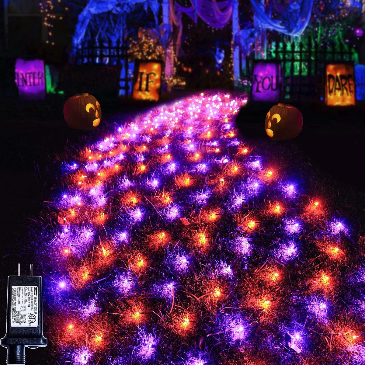 Pooqla Orange and Purple Halloween Net Lights Outdoor, 21x 5ft Green Wire