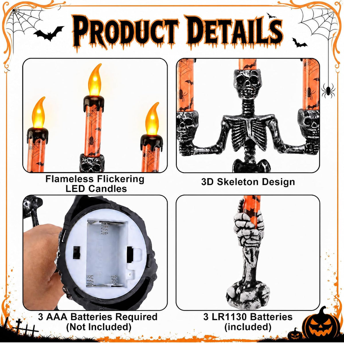 4Pcs Halloween Skeleton Candelabra LED Candle Light, Skull Candelabra Decor