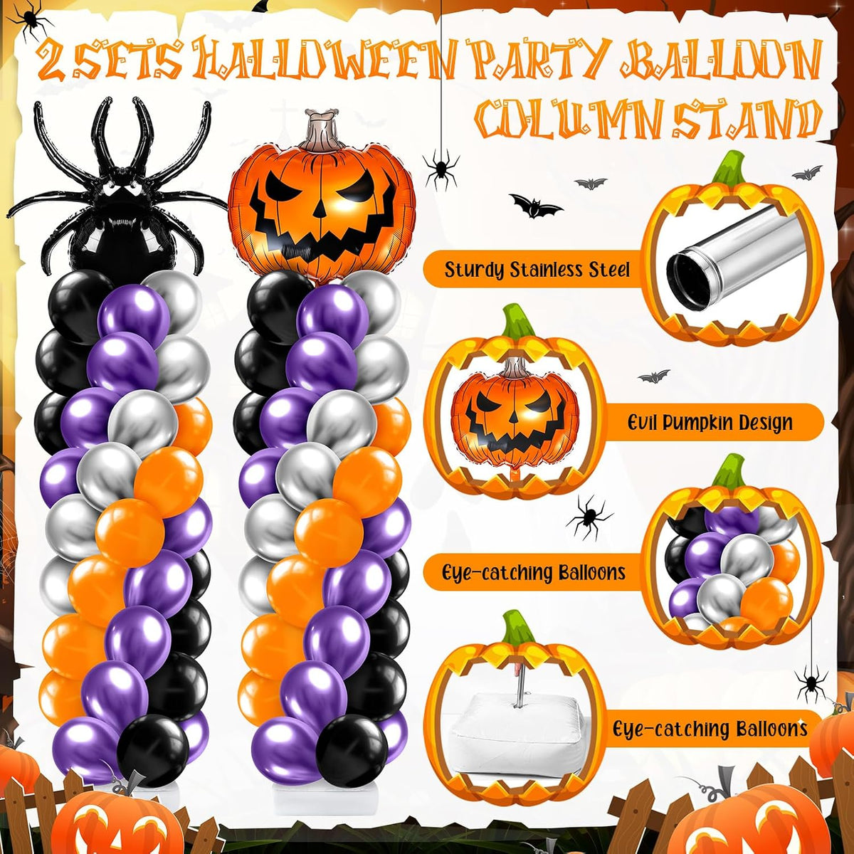 Kasyat 2 Sets Halloween Balloon Column Stand Kit with Pumpkin Spider