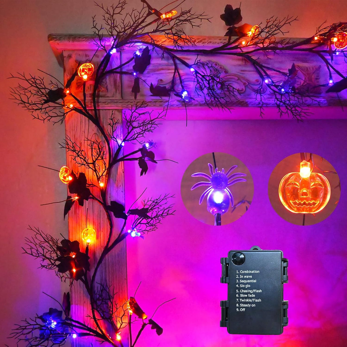 Halloween Garland with Lights 8.86FT 72LED Willow Vine Twig with Timer Black ...