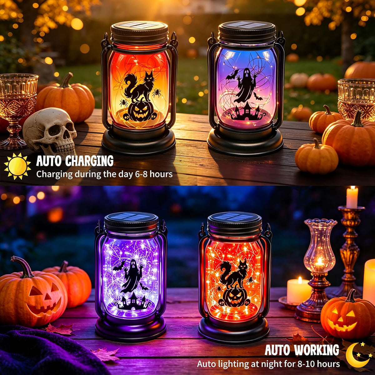 Halloween Solar Lanterns-Ghost &Cat Pumpkin Decor Hanging Mason Jar Lights