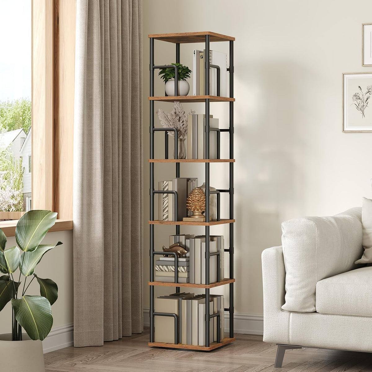 MAHANCRIS 5-Tier Rotating Bookshelf, Freestanding Corner Bookshelf, 360ยฐ Spin...
