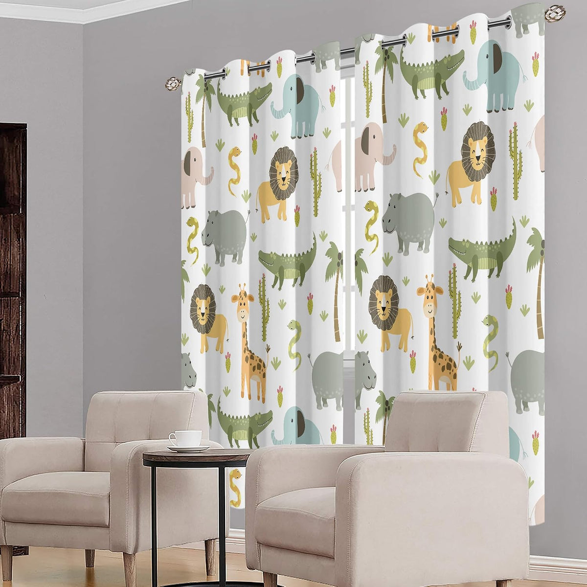MESHELLY Baby Safari Animals Blackout Curtains 52Wx63H Inch for Boy Bedroom Grommet Pair Kids Woodland Jungle Lion Elephant Art Printed Curtains for Nursery Living Room Window Treatment Fabric
