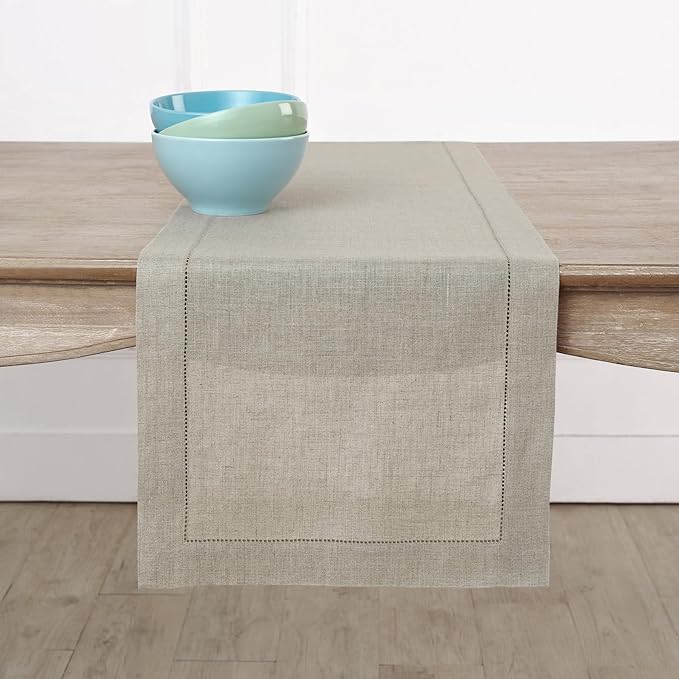 Solino Home Linen Natural Table Runner 48 Inches - Classic Hemstitch, 100% Pu...