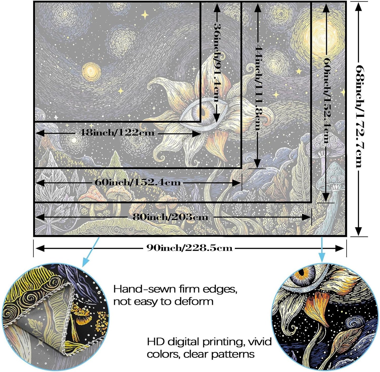 Yeoiat Tapestry Cosmic Flower Tapestries Mushroom Landscape Wall Hanging Starry Night Visionary Botanical Art Decor Bedroom Dormitory 48"x36"