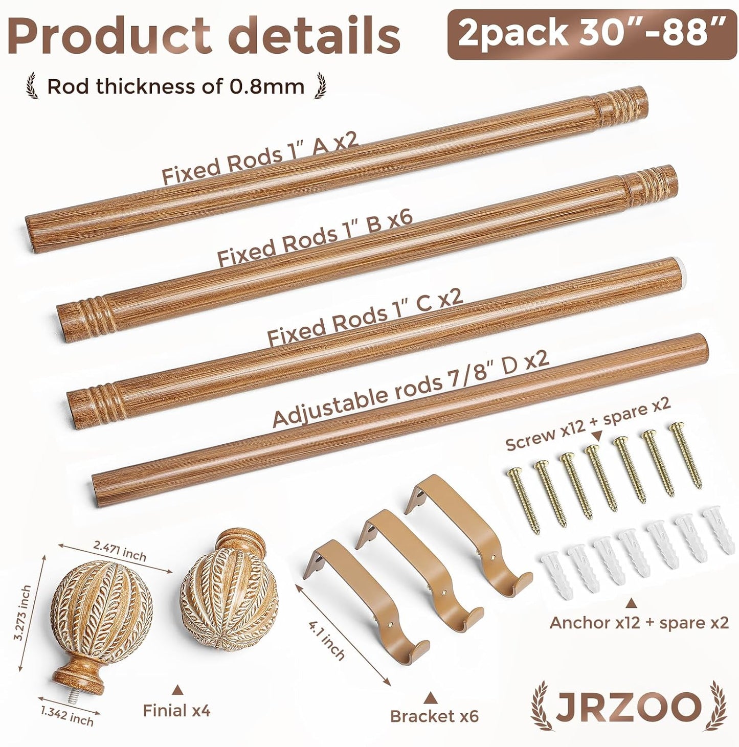 2 Pack Wood Curtain Rod for Windows 48 to 84 Inch, 1'' Diameter Adjustable Heavy Duty Rustic Farmhouse Drapery Rods with Boho Imitation Wooden Grain Decorative Finials, Size: 30''-88'' – Light Wood