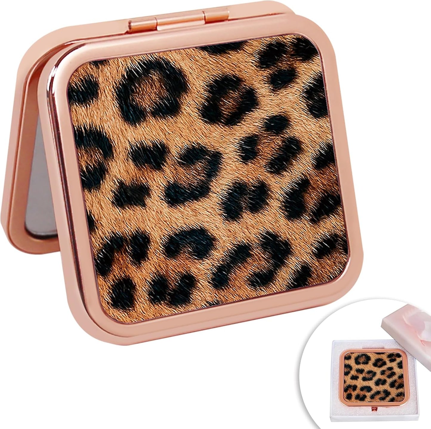 Cheetah Leopard Brown Print Foldable Travel Pocket Mirror Square Metal Portable Mini Makeup Double Sided Handheld Magnifying, 2.8 in