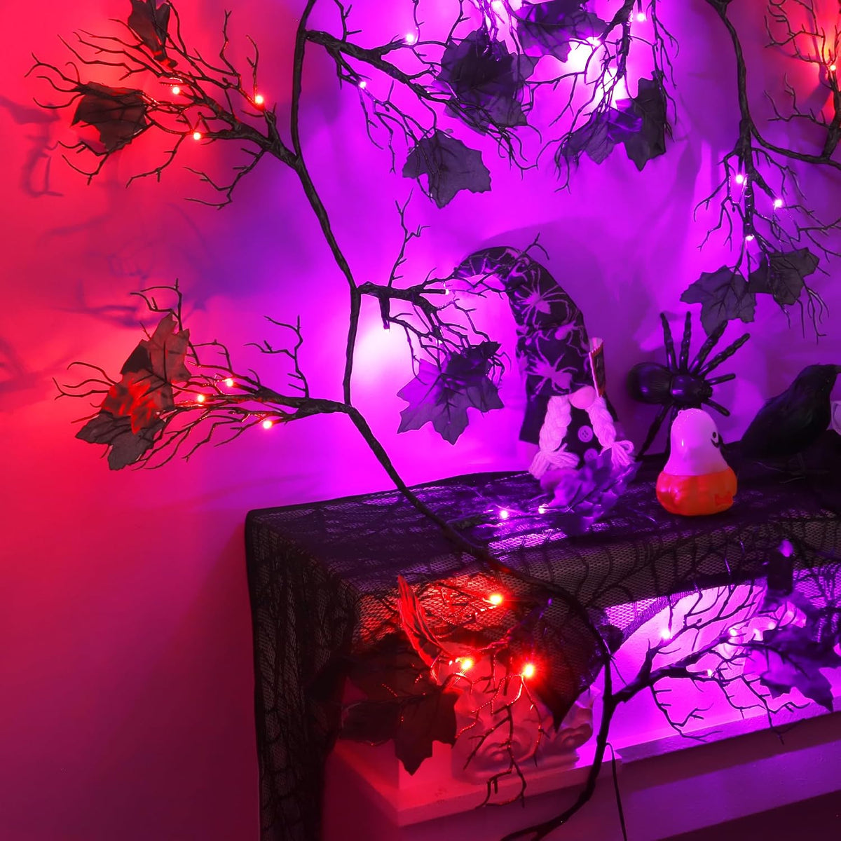 9 Ft 66 LED Willow Vine Twig Decor Black Halloween Garland with Orange Purple...