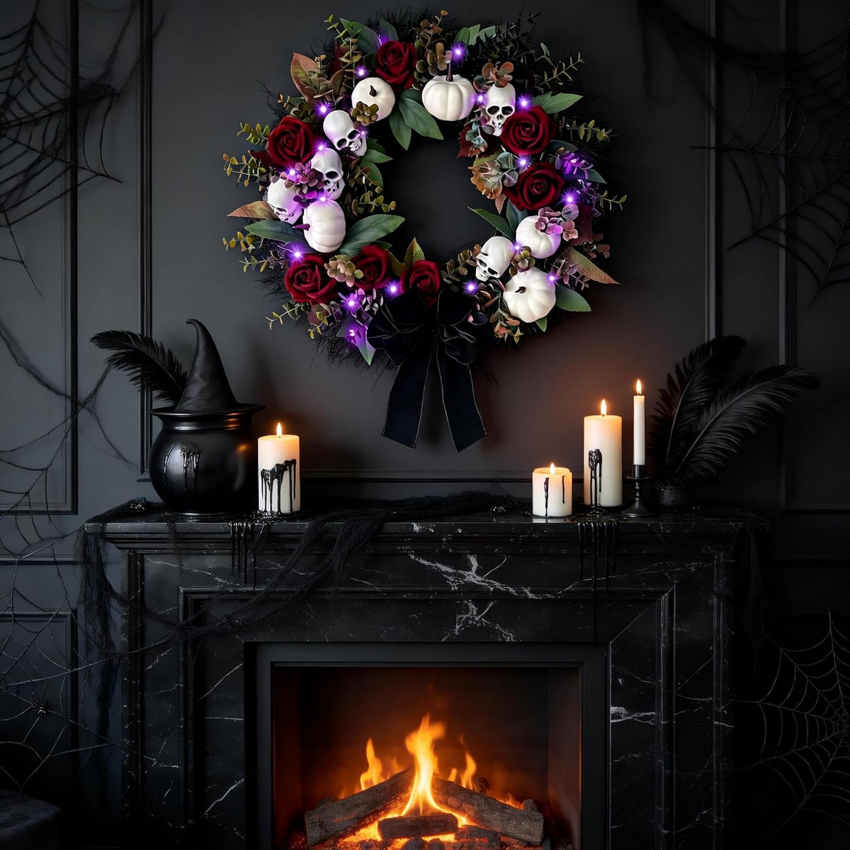 HipTree 20 Inch Gothic Halloween Wreath for Front Door with Purple Lights