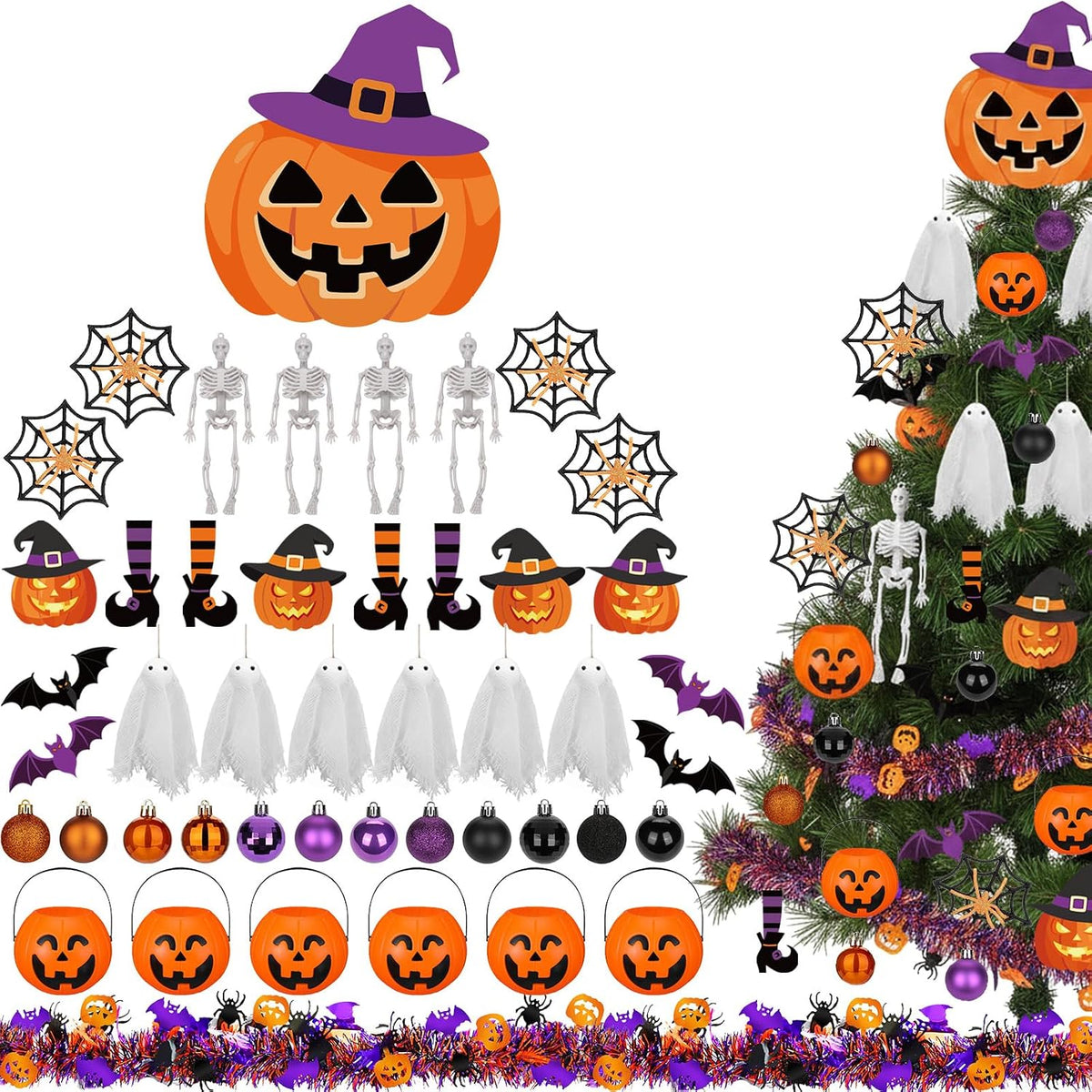44 Pcs Halloween Tree Ornaments Decorations Witch Hat Pumpkin Tree Topper Pum...