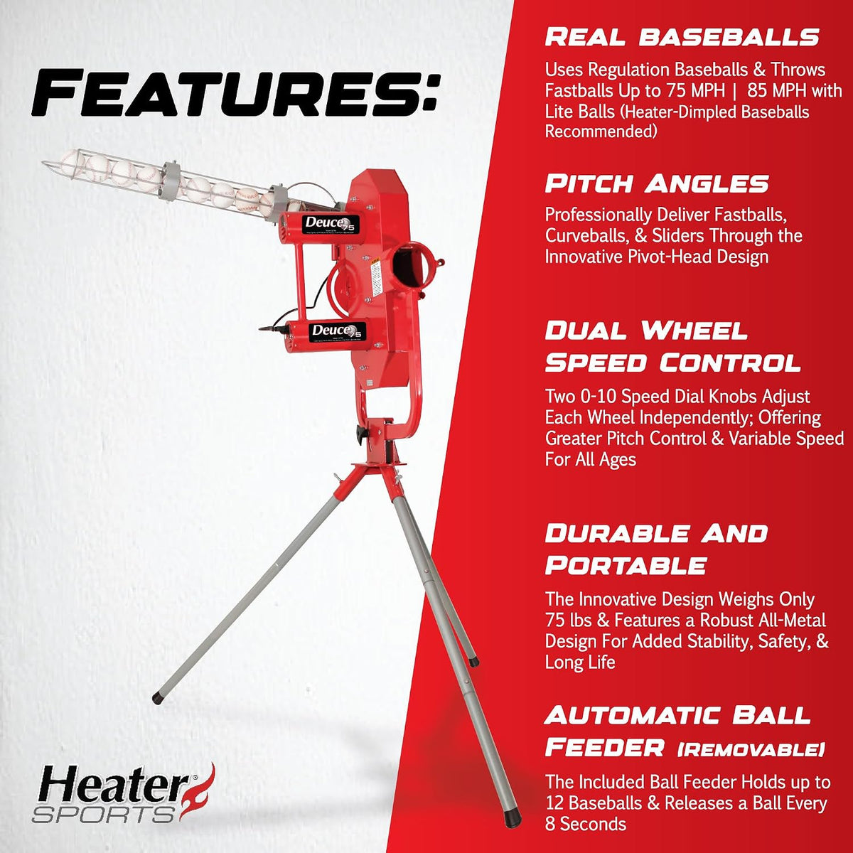 Heater Sports Deuce 75 MPH Adjustable Baseball Pitching Machine with Automati...