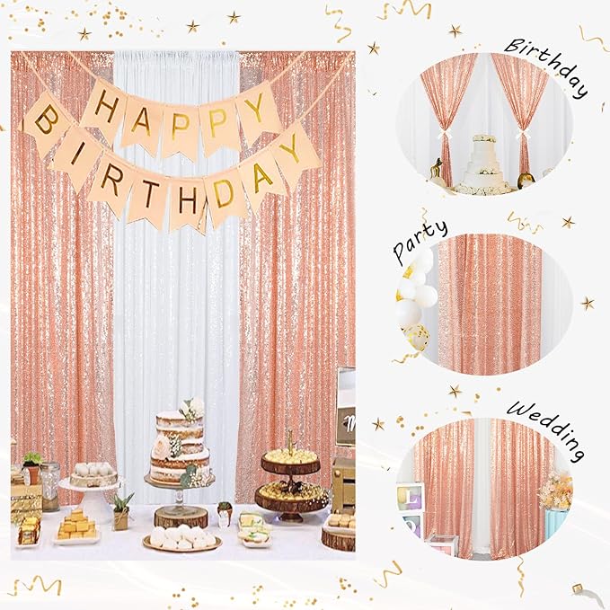 ShinyBeauty Rose Gold Backdrop Curtain 10ft Sequin Backdrop-Curtain 4 Panels ...