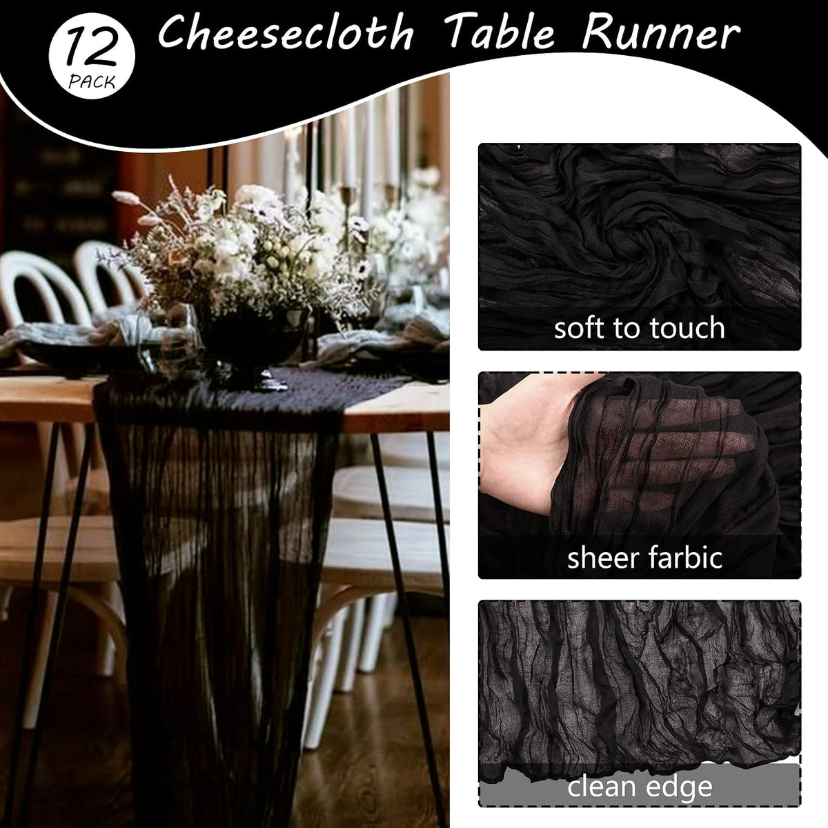 35x120 Inch Black Cheesecloth Table Runner Halloween Gothic Wedding Decor
