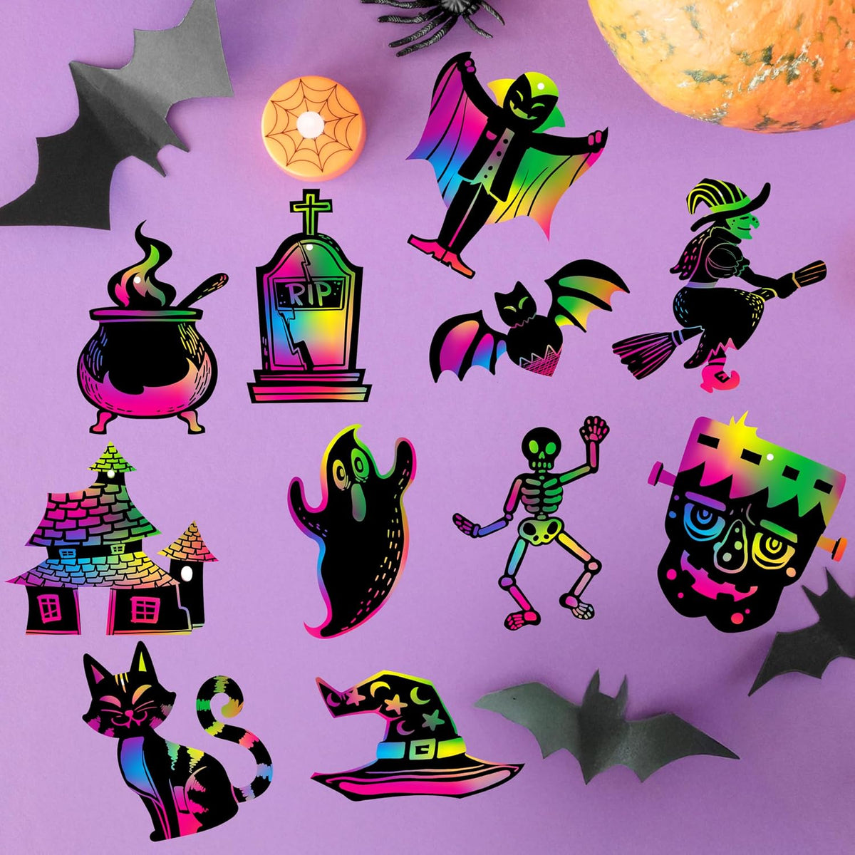 JOYIN 120 Pcs Halloween Rainbow Scratch Art Crafts for Kid, Halloween Party F...