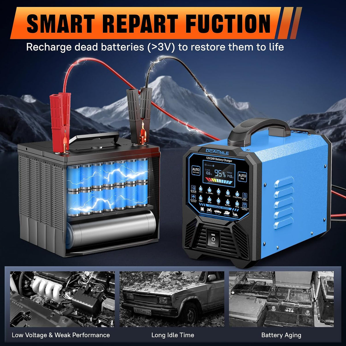 DCACNLE 12V/24V 0-15A Car Battery Charger Heavy Duty,Automatic Maintainer