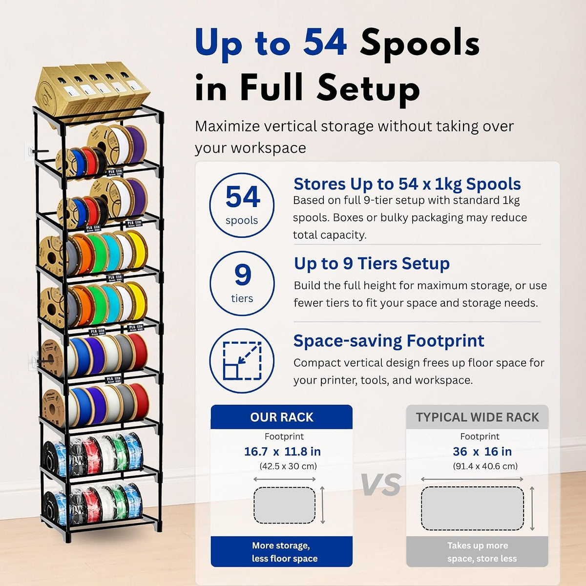9-Tier 3D Printer Filament Storage Rack, Holds Up to 54 1kg Spools, Space-Sav...