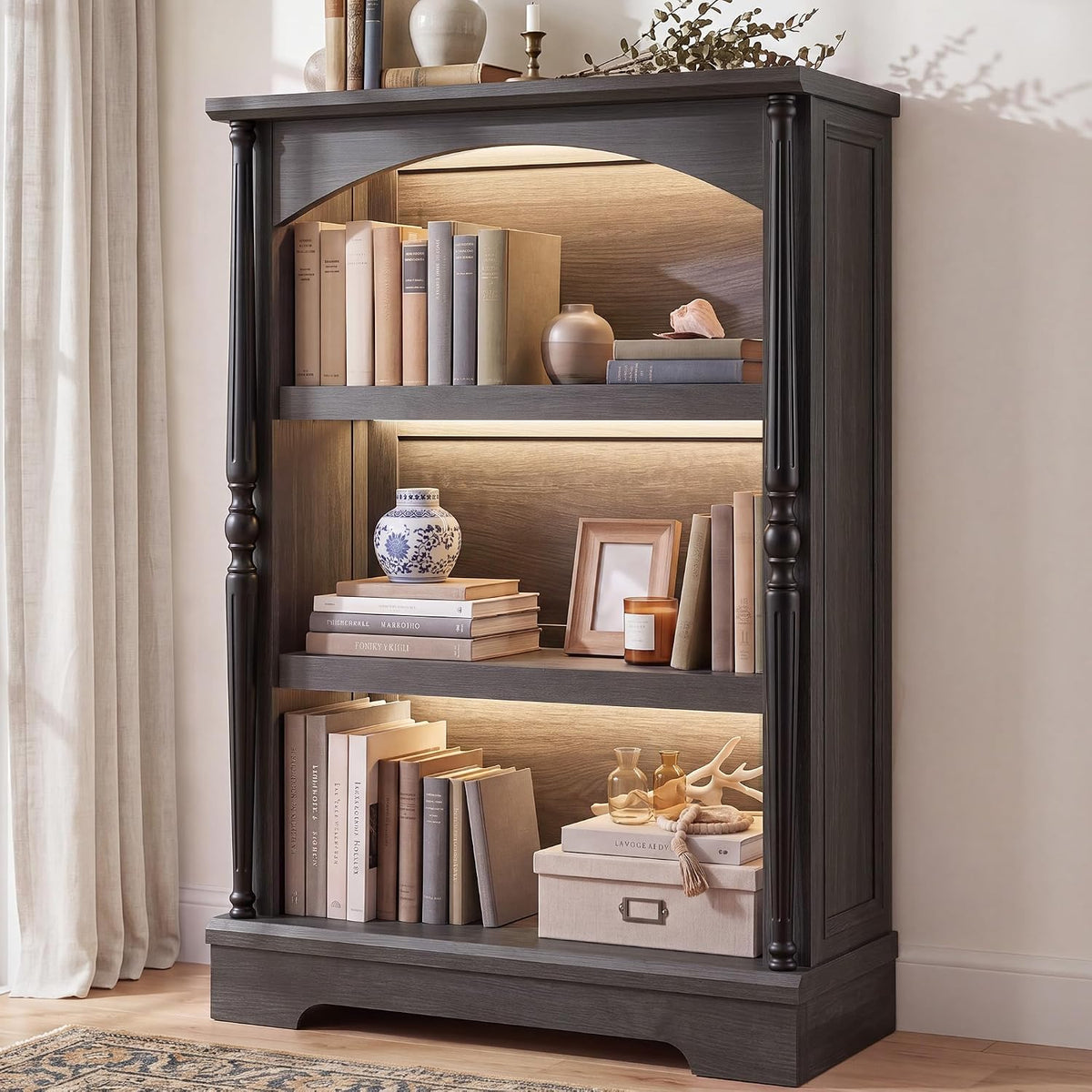 3-Tier Arched Bookcase with LED Lights Set of 2,Farmhouse Bookshelf, Black
