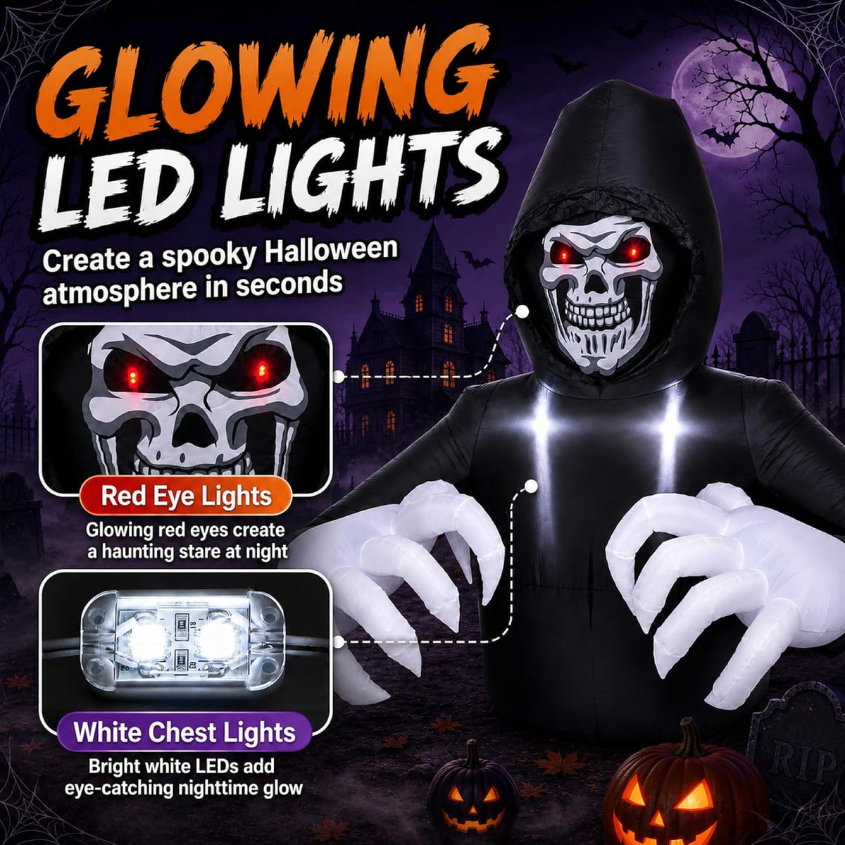 Buheco Inflatable Halloween Decorations Outside Grim Reaper 6FT Giant Scary B...