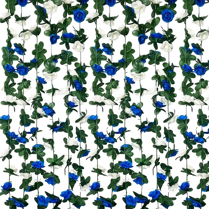 16Pcs 126Ft Royal Blue&White Rose Garland, Fake Rose Hanging Flowers, Art...