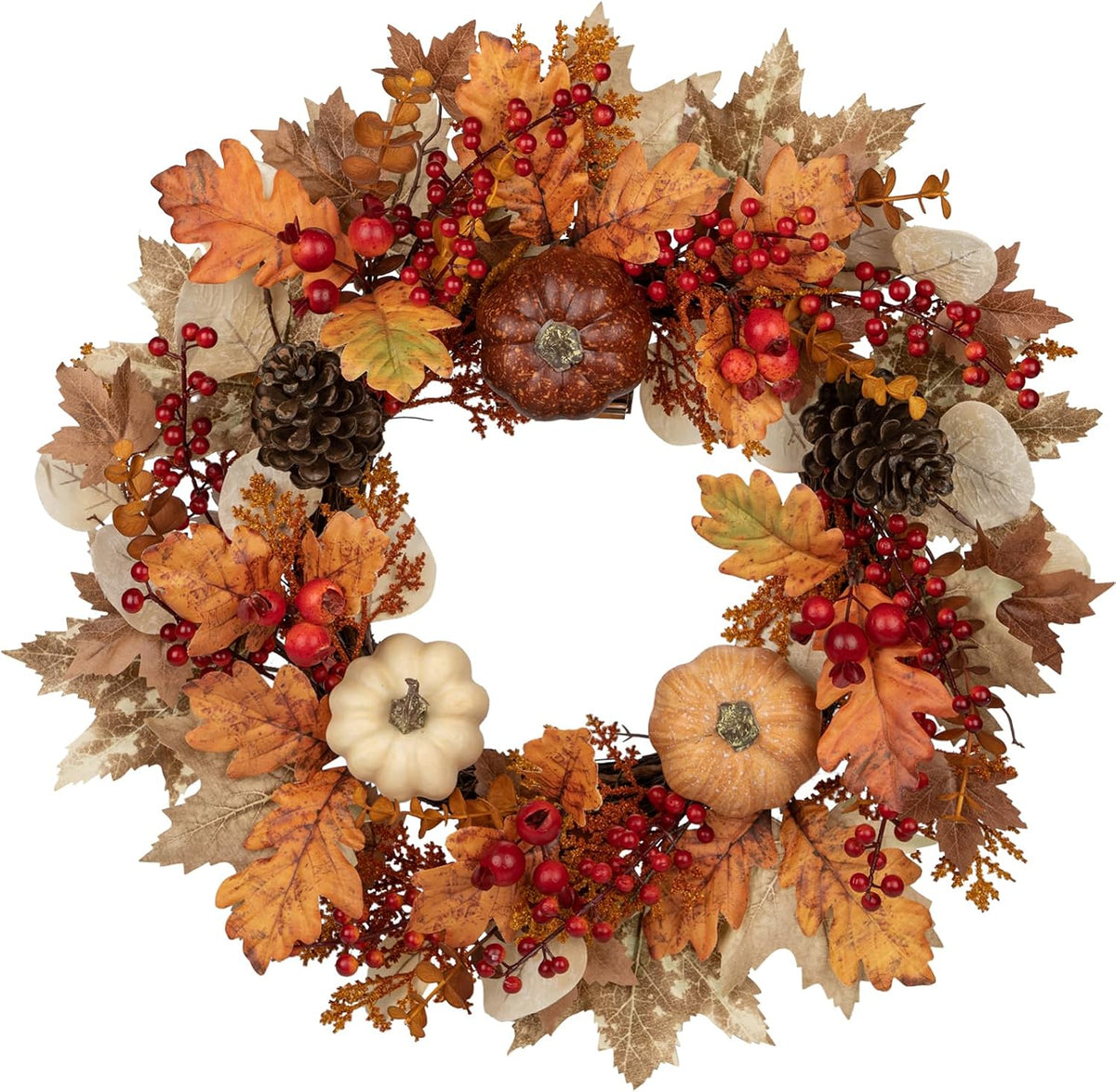 22" Artificial Fall Wreath for Front Door Autumn Harvest Wreath with Pum...