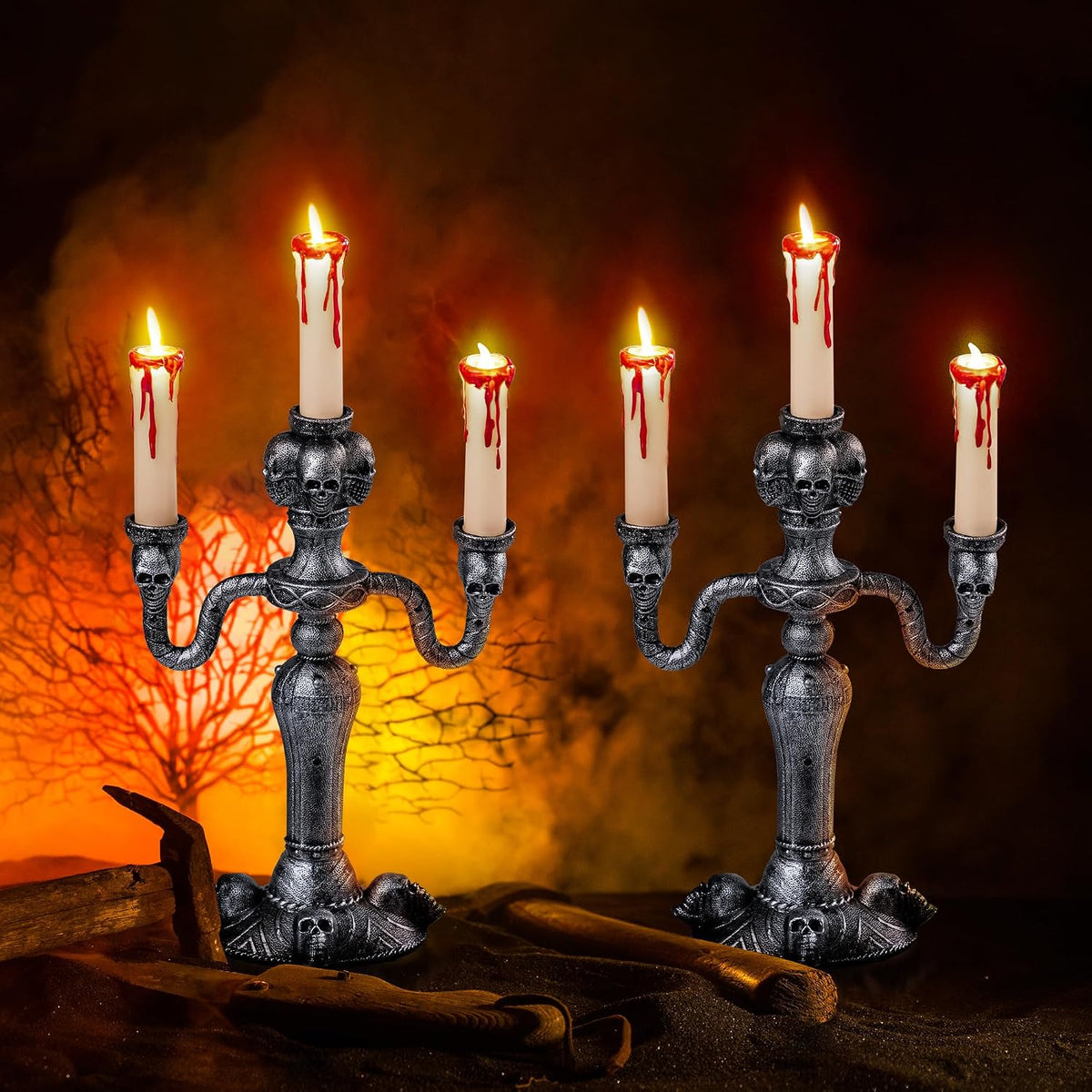 JOYIN 2 Pcs Skull Candelabra Halloween Decorations Indoor LED Lights Flameles...