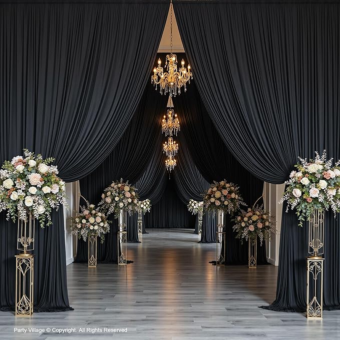 PartyVillage 60ftร15ft Black Backdrop Curtain for Halloween Parties, 12 Panel...