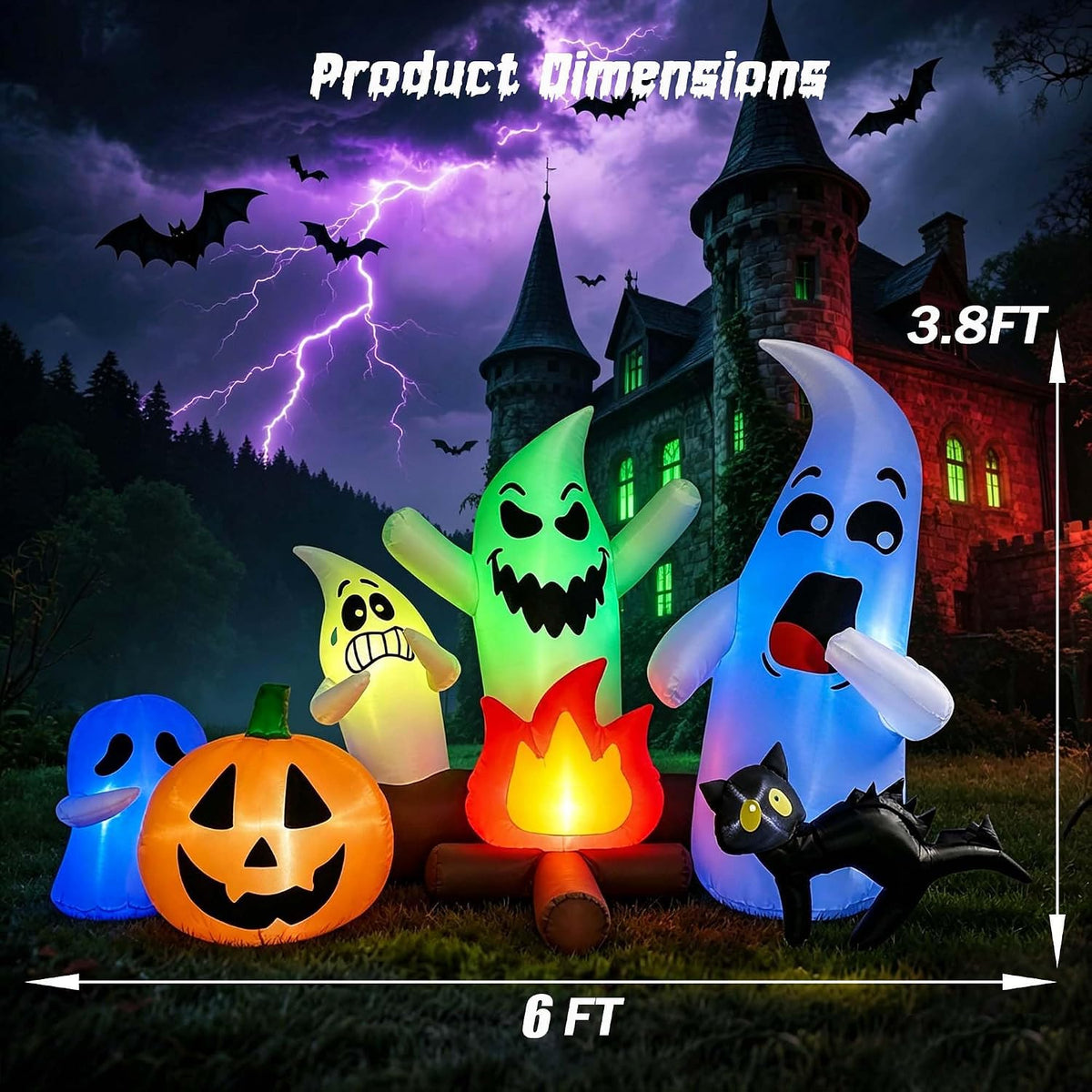 SEASONBLOW 6Ft Long Halloween Inflatable Ghost Campfire Outdoor Decoration