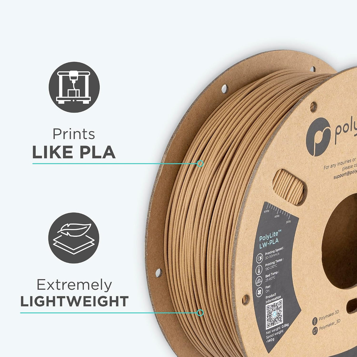 Polymaker LW-PLA 3D Printing Filament 1.75mm, 0.8kg, Wood