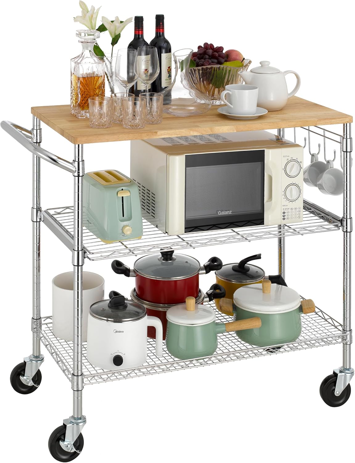 Finnhomy 3-Tier Rolling Kitchen Cart with 18" D x 36" W Oak Wood Ta...