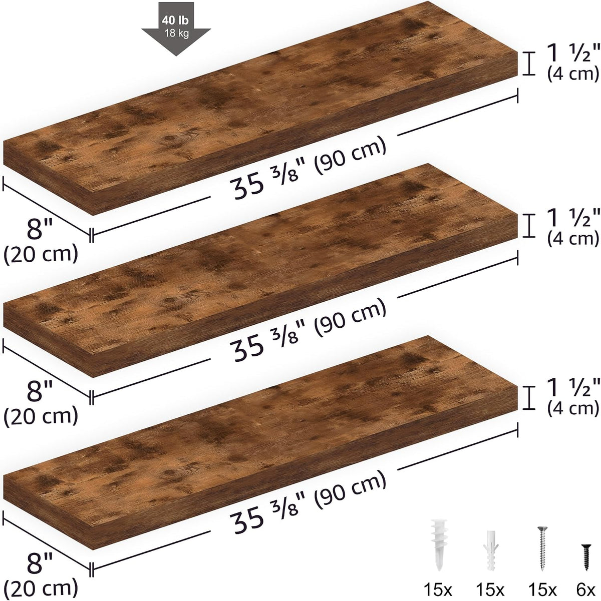 Ballucci Floating Shelves, 36" Long Wall Shelf, Set of 3, Wood Floating ...
