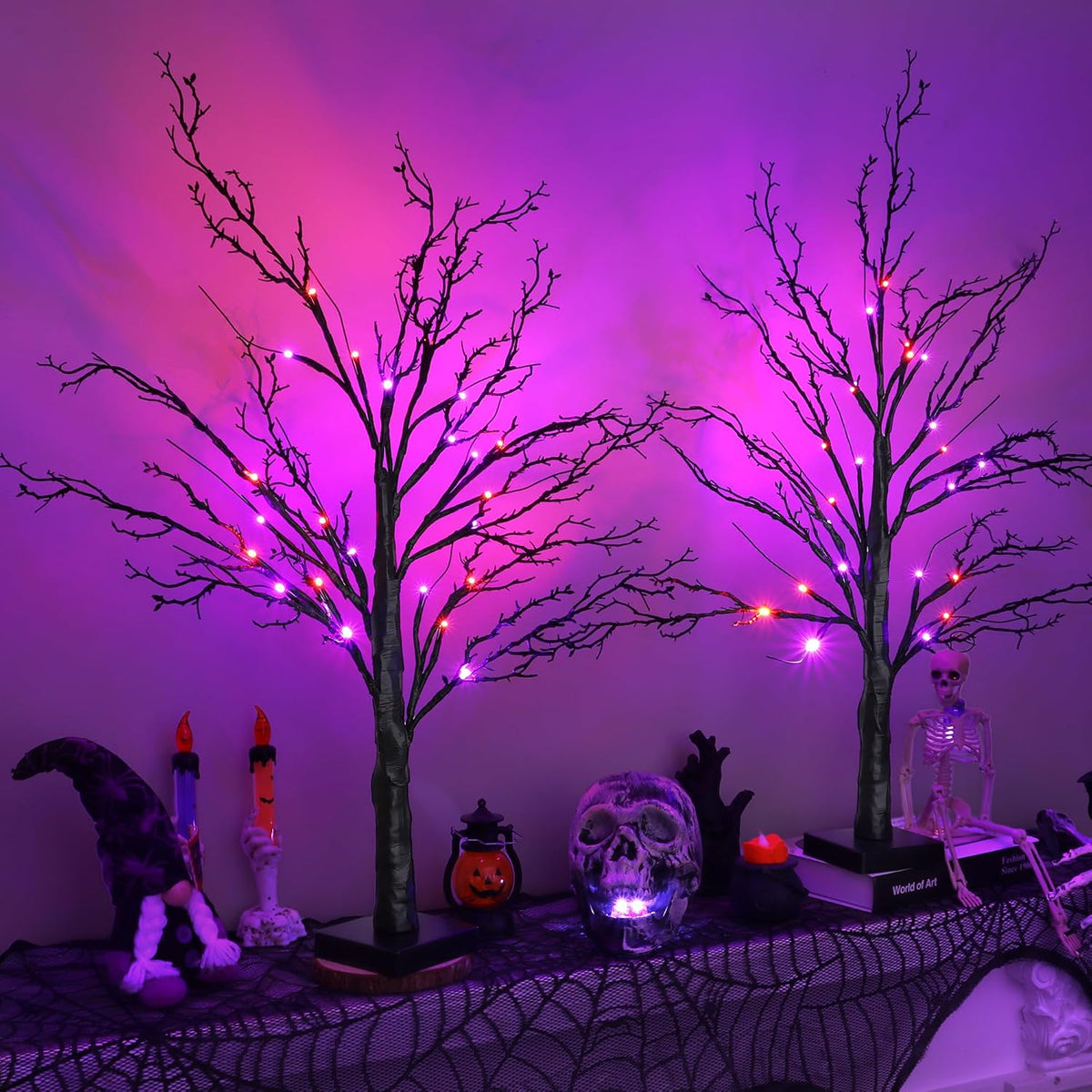 2 Pack 24 Inch Spooky Black Halloween Tree Decorations for Indoor Home Table,...