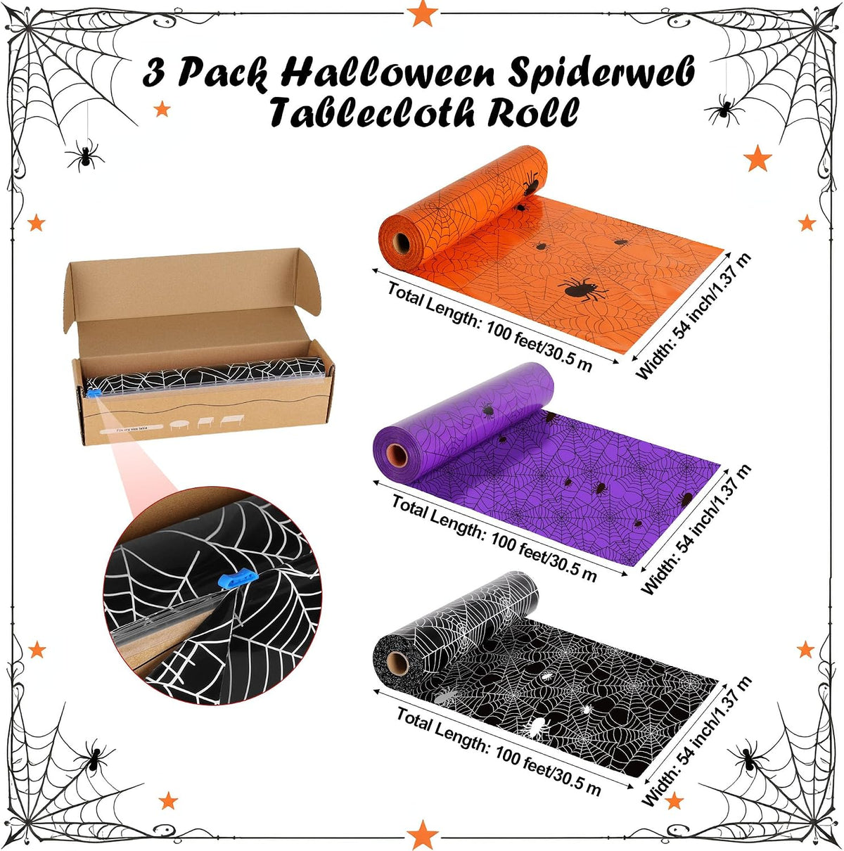 3 Rolls 100FT x 54IN Halloween Spiderweb Plastic Tablecloth with Cutter Box